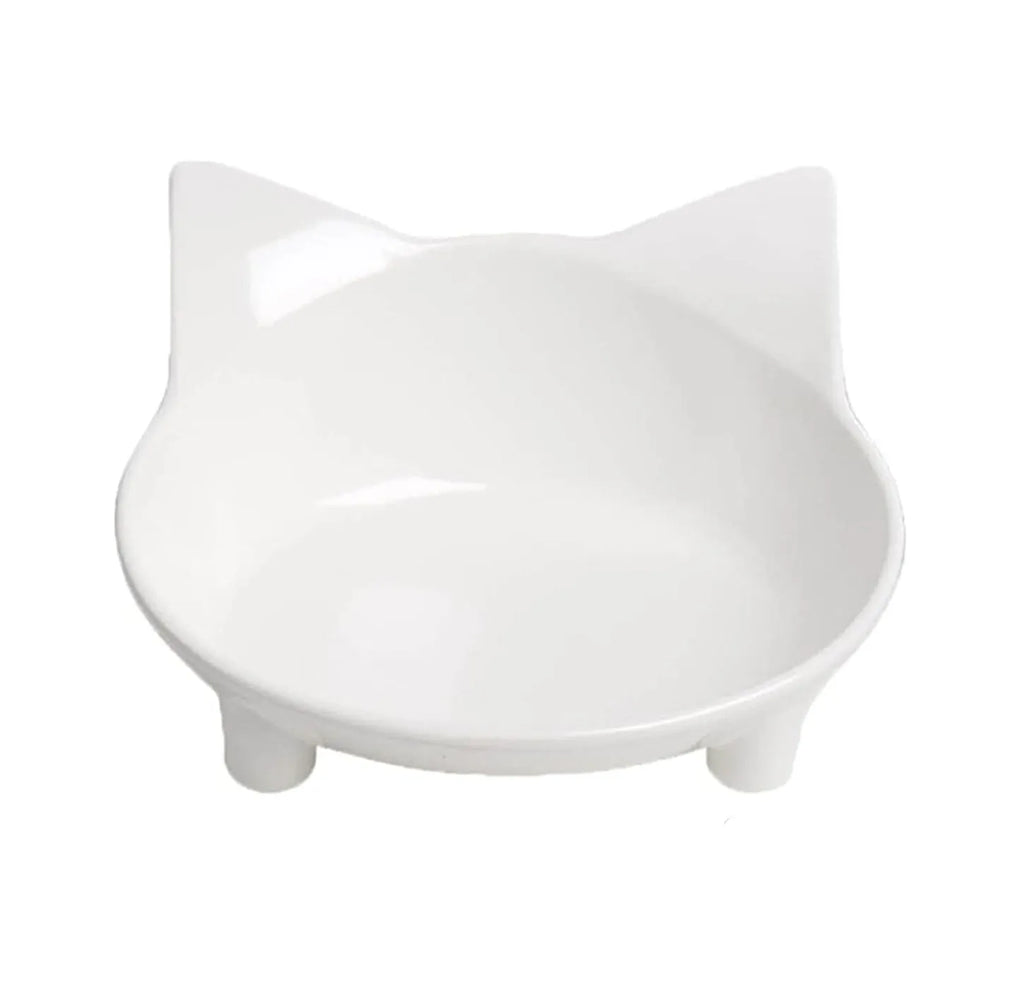 White shallow melamine pet bowl with non-slip rubber base for cats and dogs.