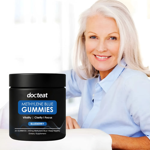 Container of 20 soft candy gummy supplements for body care with methylene blue trihydrate.