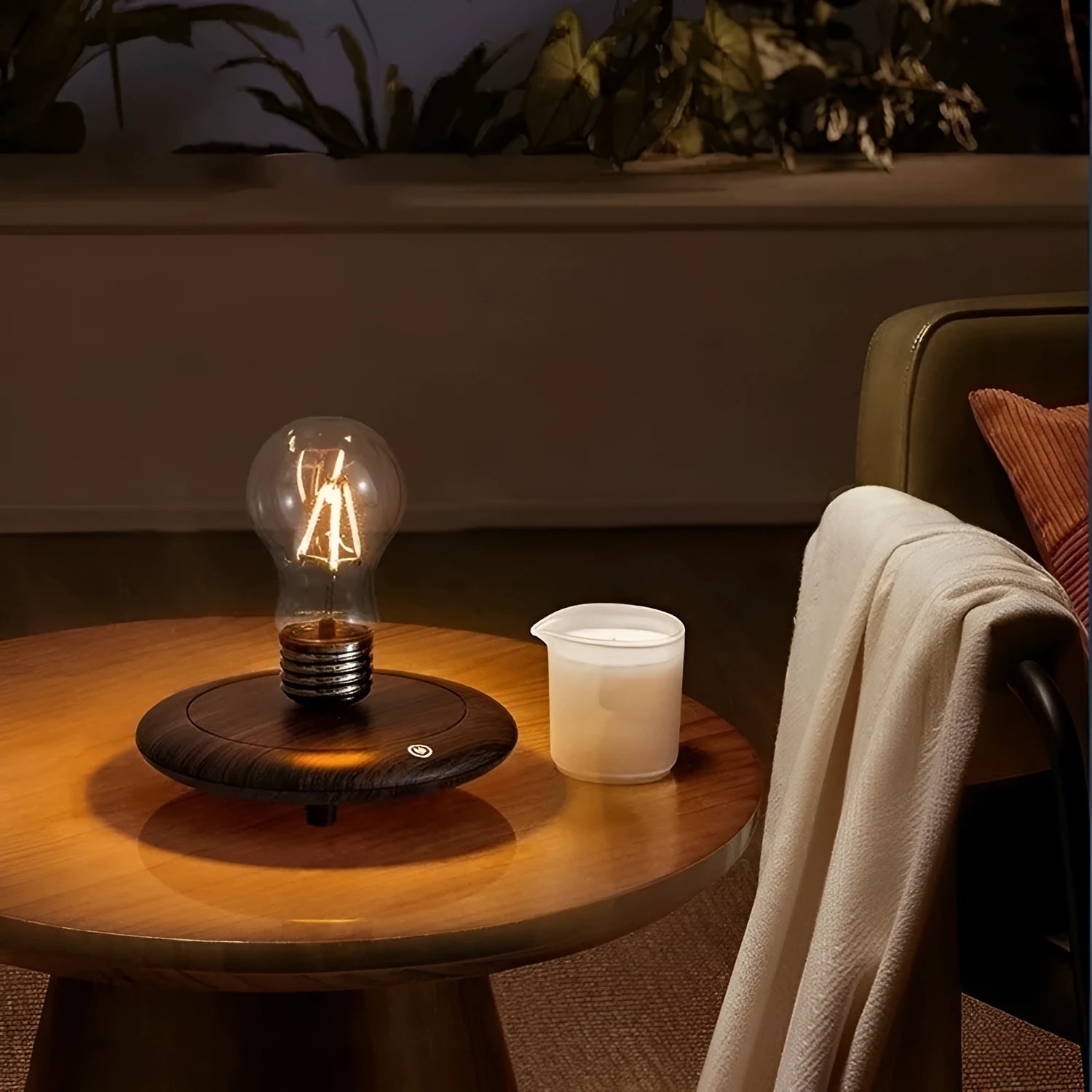 Creative suspension bulb night lamp with iron art construction on black square wooden base