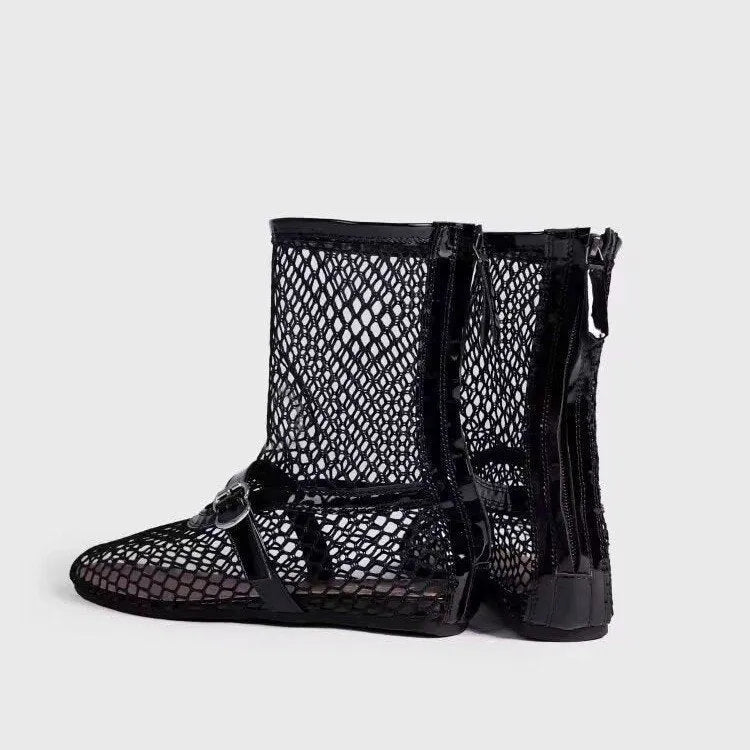 Black high top women's ballet shoes with metal buckle and back zipper PU upper round toe