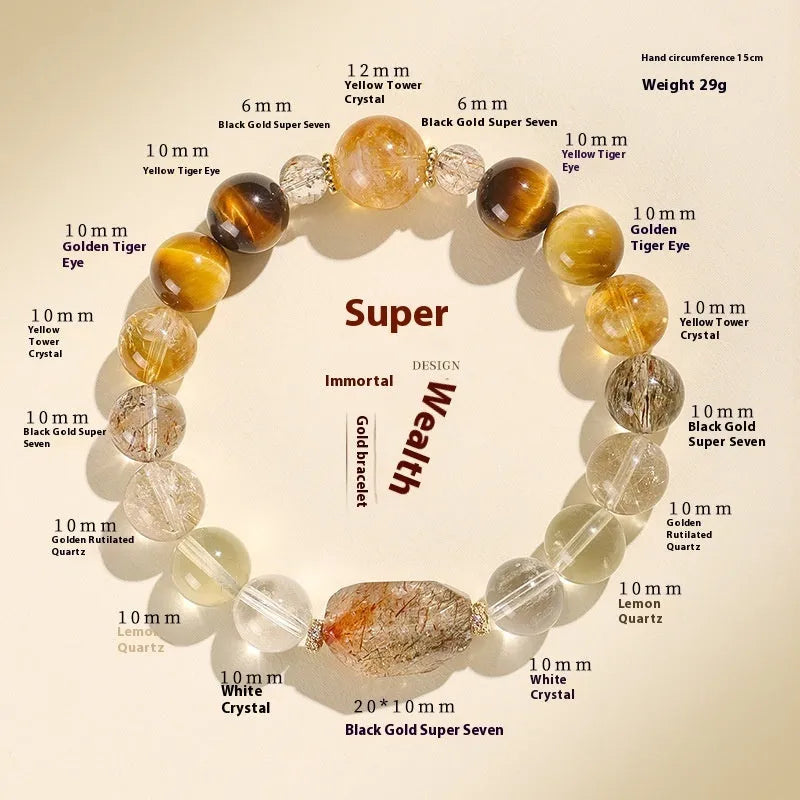 Natural crystal women's bracelet in black gold Super Seven or Duobao crystal types A through F