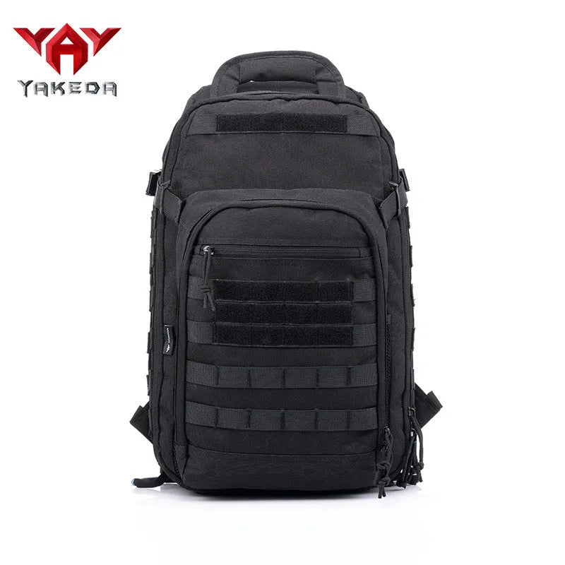 Tactical backpack 45L solid colour black outdoor hiking backpack on plain background