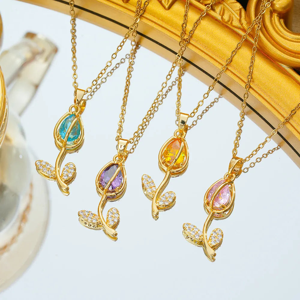 Women's zircon tulip necklace with adjustable chain in gold pink, yellow, purple, green, and white.