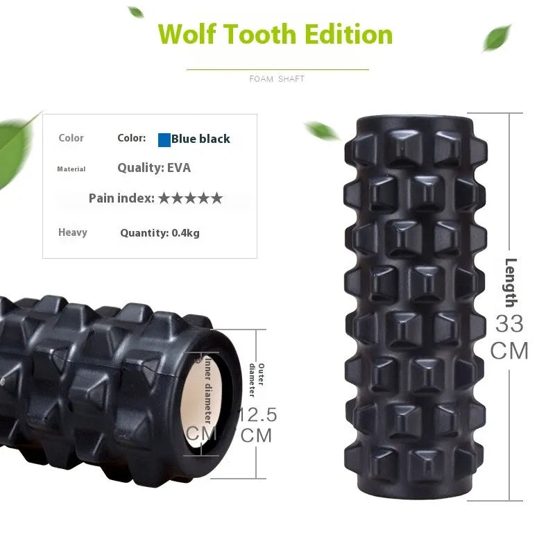 Black foam massage roller stick with six segmented gear design, 33cm length