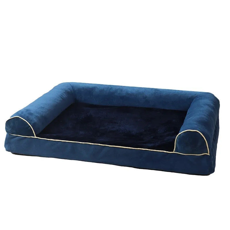 Square sponge dog bed in blue colour showing raised breathable design and cloth cover.