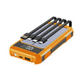 Black military grade mobile power bank showing size next to a smartphone, with green and orange colour variants.