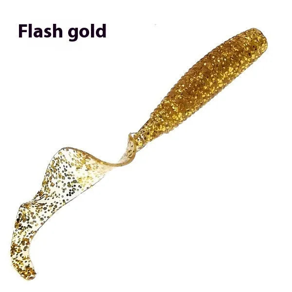 Soft worm rolled tail fishing lure in flash gold colour, 7.5cm size, with segmented PVC body and tapered tail