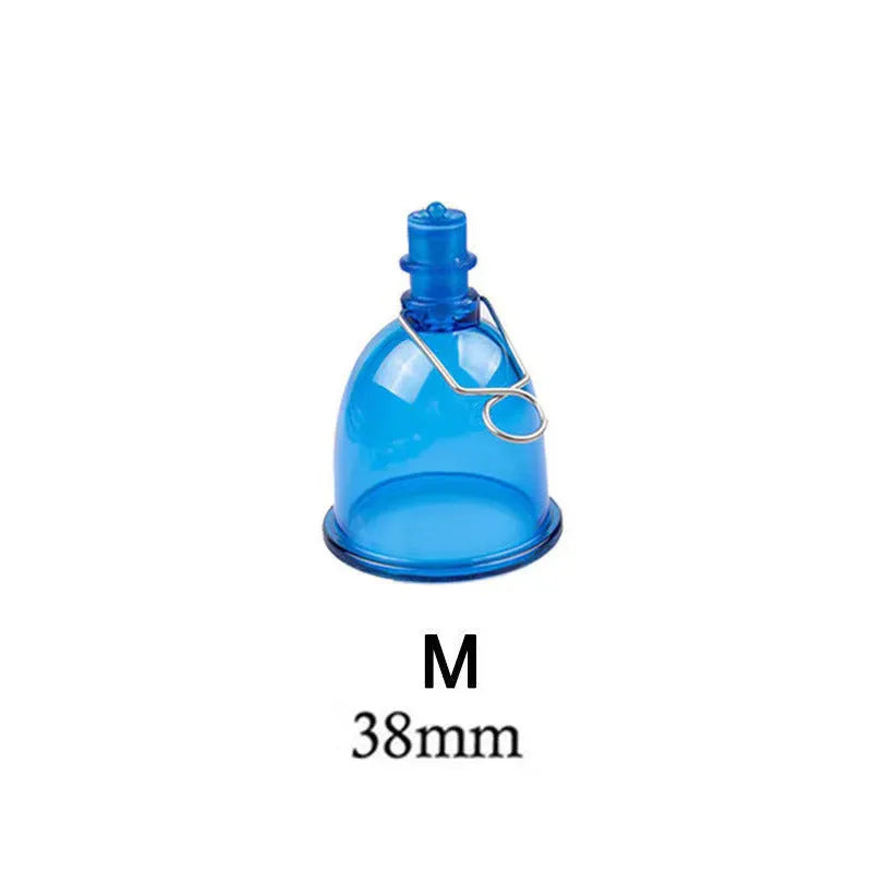Blue silicone physical stretch exerciser cup for men, shown in small, medium, and large sizes.