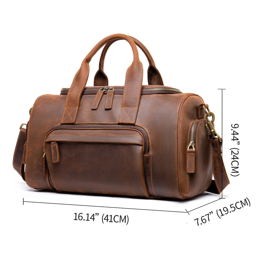 Leather retro men's hand luggage bag large capacity coffee colour soft strap