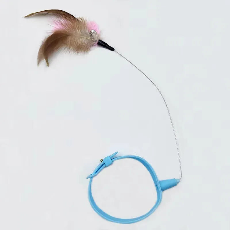 Adjustable cat collar toy with silicone teasing wand and feather attachment, showing blue and pink colour options