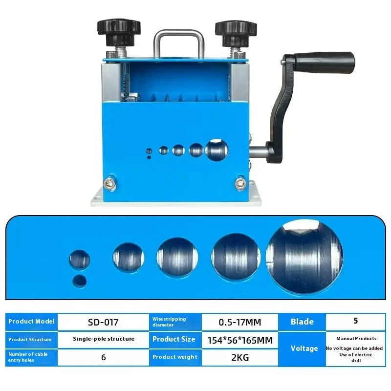 SD-017 manual wire stripping machine showing compact tool with adjustable jaws for 0.5-17mm wires.