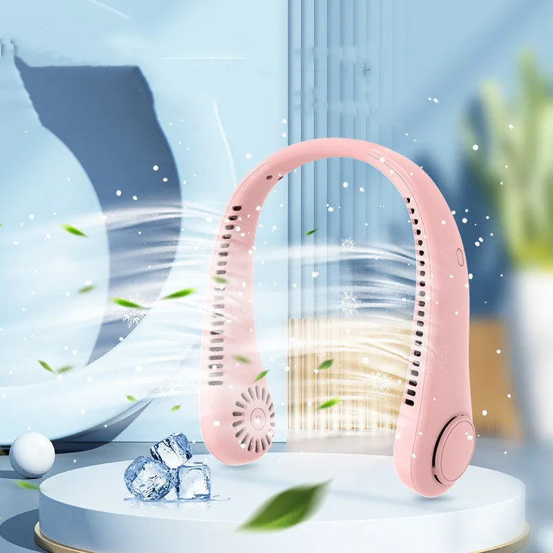 A white rechargeable bladeless neck fan hanging around a person's neck, showing its compact, hands-free design.