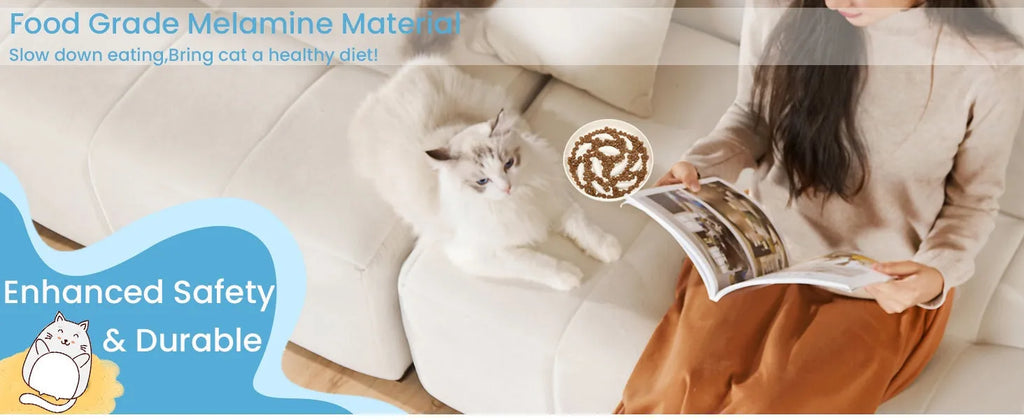 Pink whale-shaped cat slow feeding bowl with raised edge and non-slip base on a floor