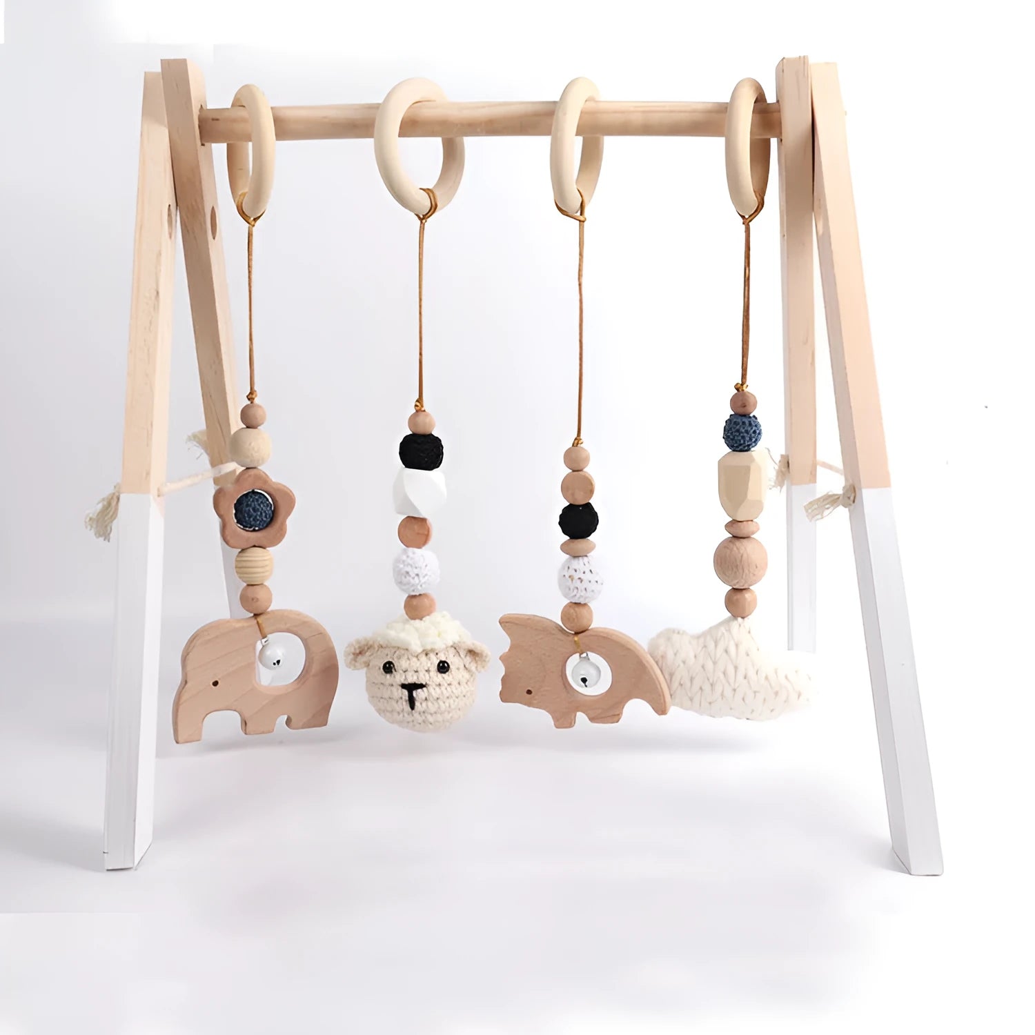 Beech wood baby rattle with animal pendants in orange, 28cm length, on white background