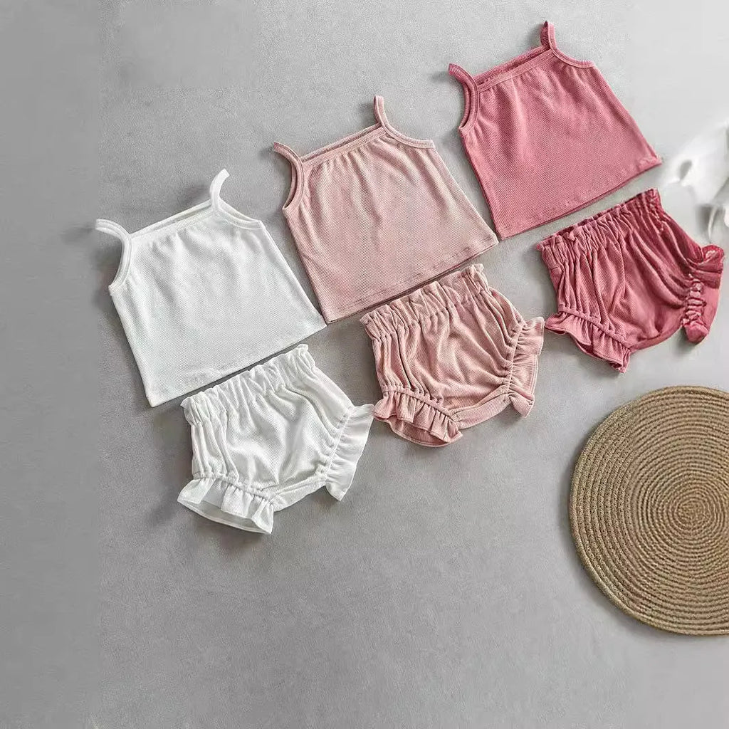 Thin rib cotton two-piece home wear set with sleeveless top and shorts in Rose colour for children 59cm to 100cm height