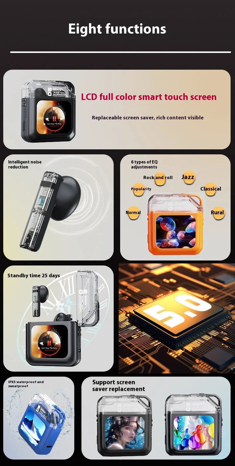 In-ear sport headset with touch colour screen and digital display in black colour