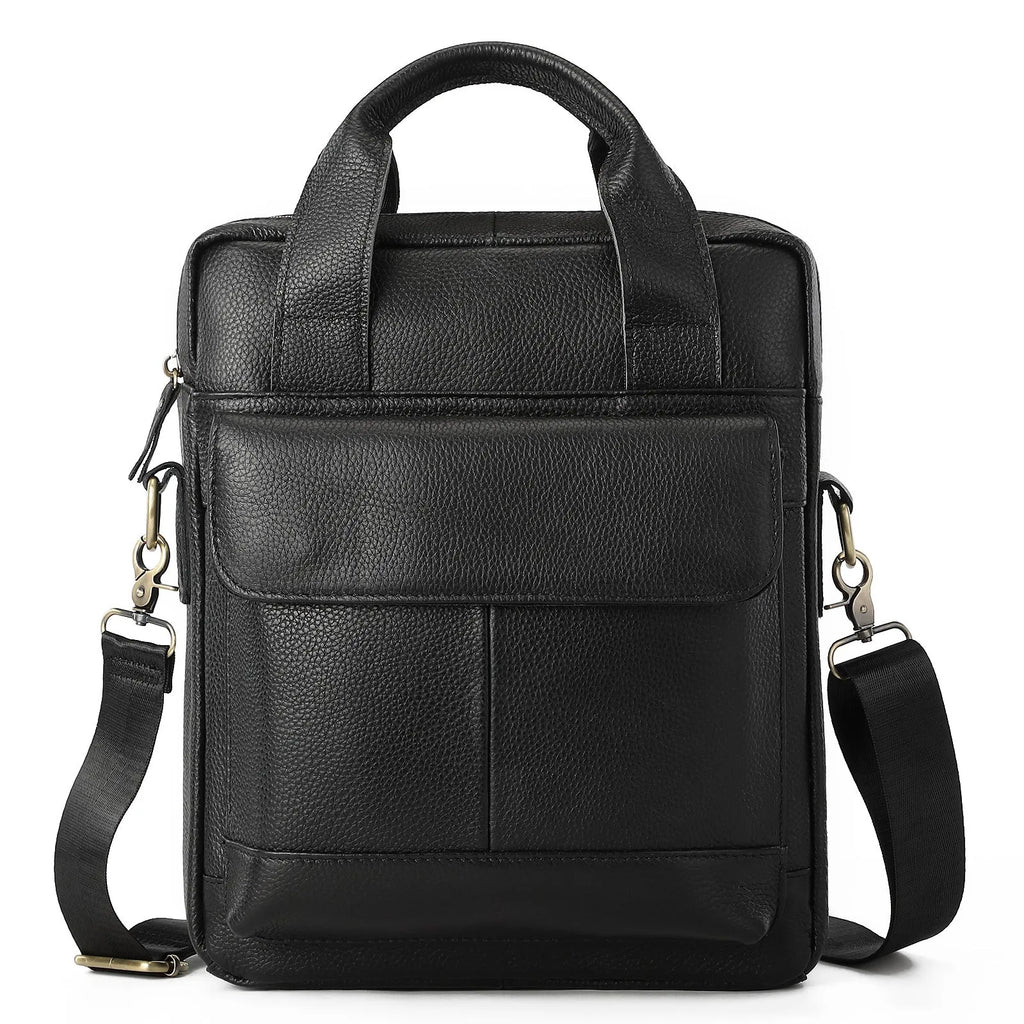 Genuine leather retro vertical briefcase men's bag with sewing thread detailing in black colour