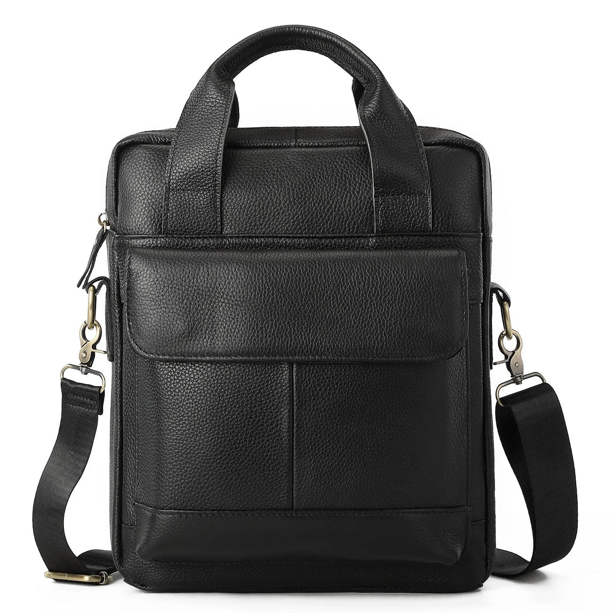 Genuine leather retro vertical briefcase men's bag with sewing thread detailing in black colour