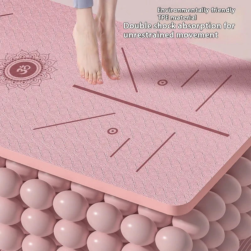 TPE non-slip fitness training mat in mint green colour, showing widened 190cm by 70cm dimensions rolled out on a floor.