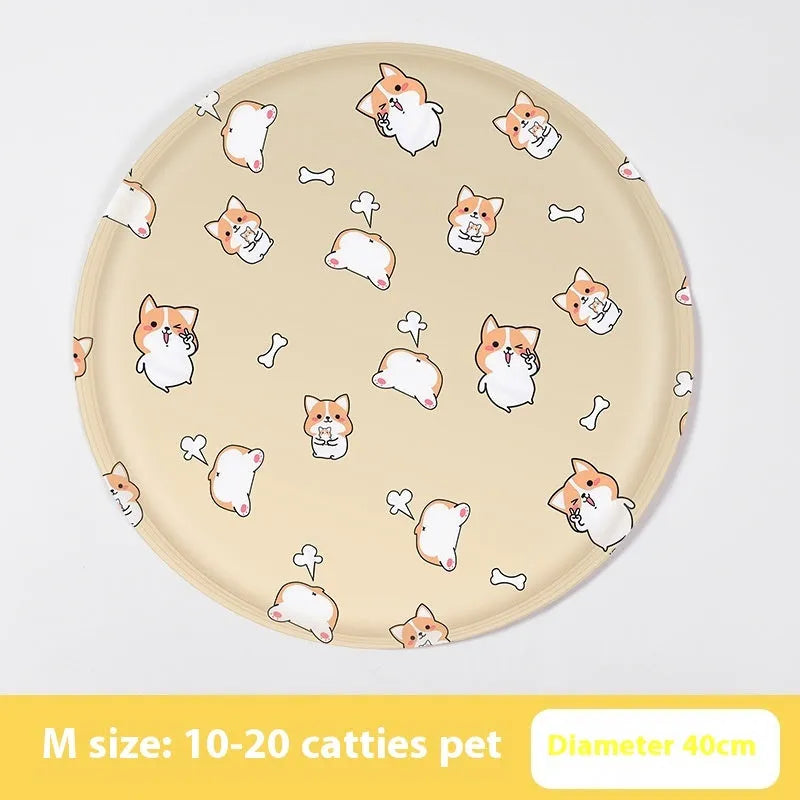 Round pet cooling mat with cartoon animal design for dogs in beige bunny pattern