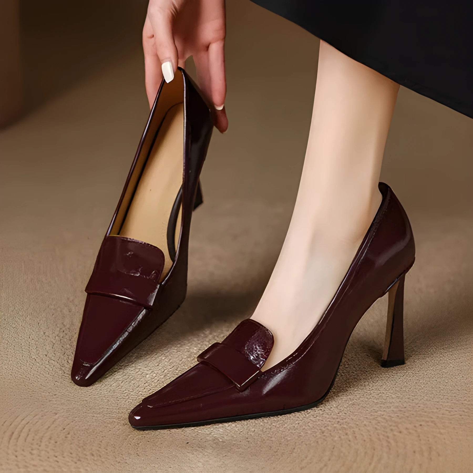 Women's pointed-toe stiletto heel pumps in black first layer cowhide leather with beef tendon sole