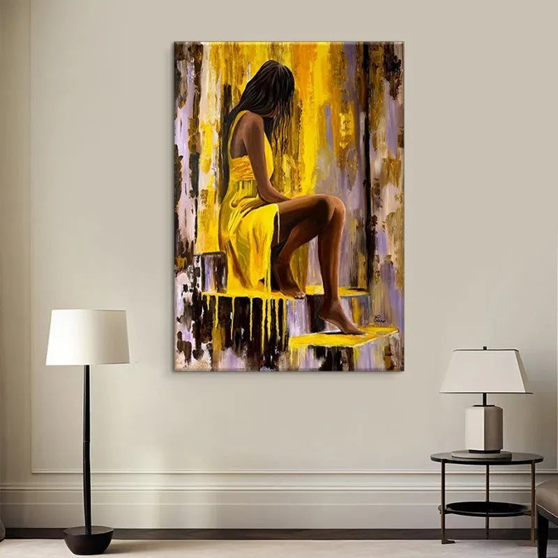 Hand-painted oil painting of a girl in a yellow dress on vertical canvas for living room wall decor