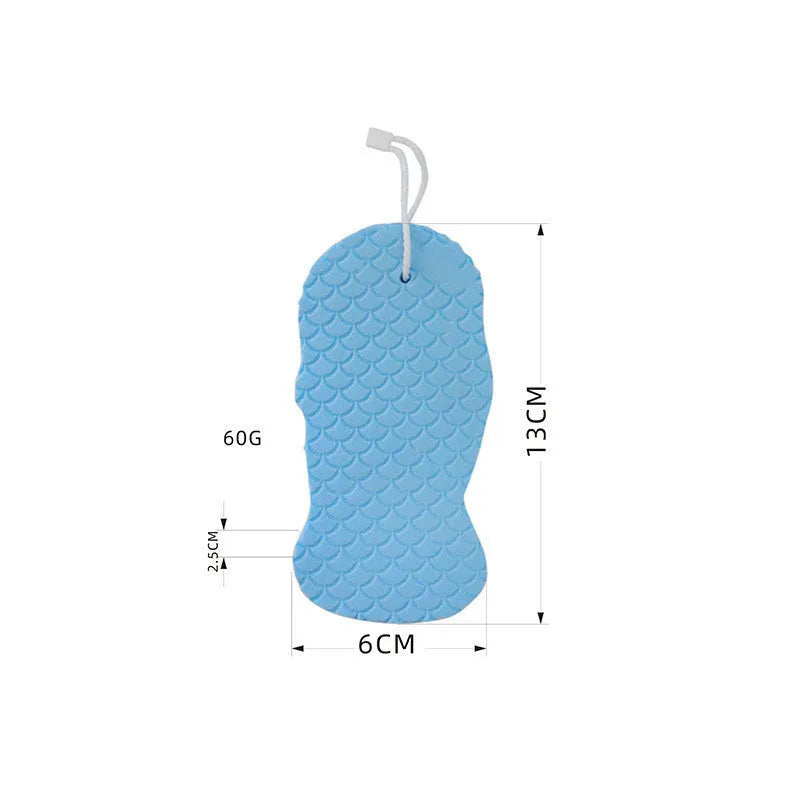 3D fish scale pattern bath sponge in white, grey, pink and light blue colours for body exfoliation