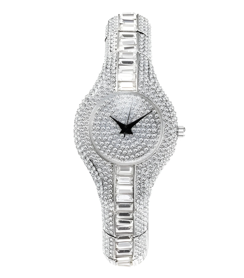 Women's gold alloy quartz watch with round dial showing diamond and colourful stone inlays