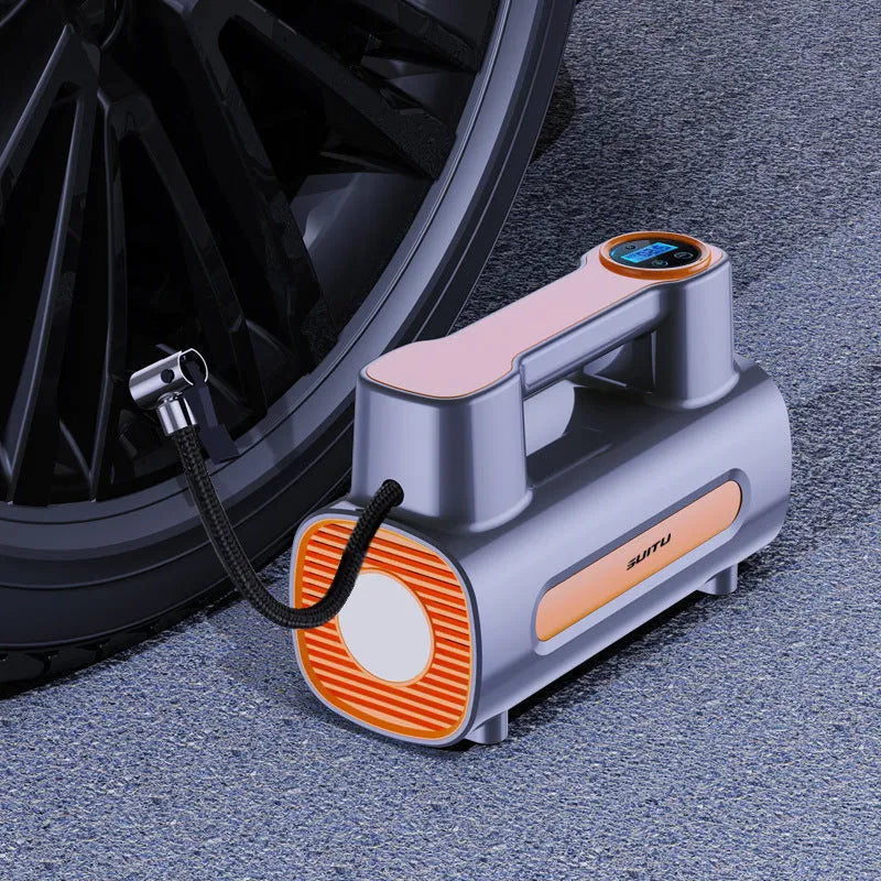 Black portable cordless tyre inflator pump with digital LCD screen and air hose