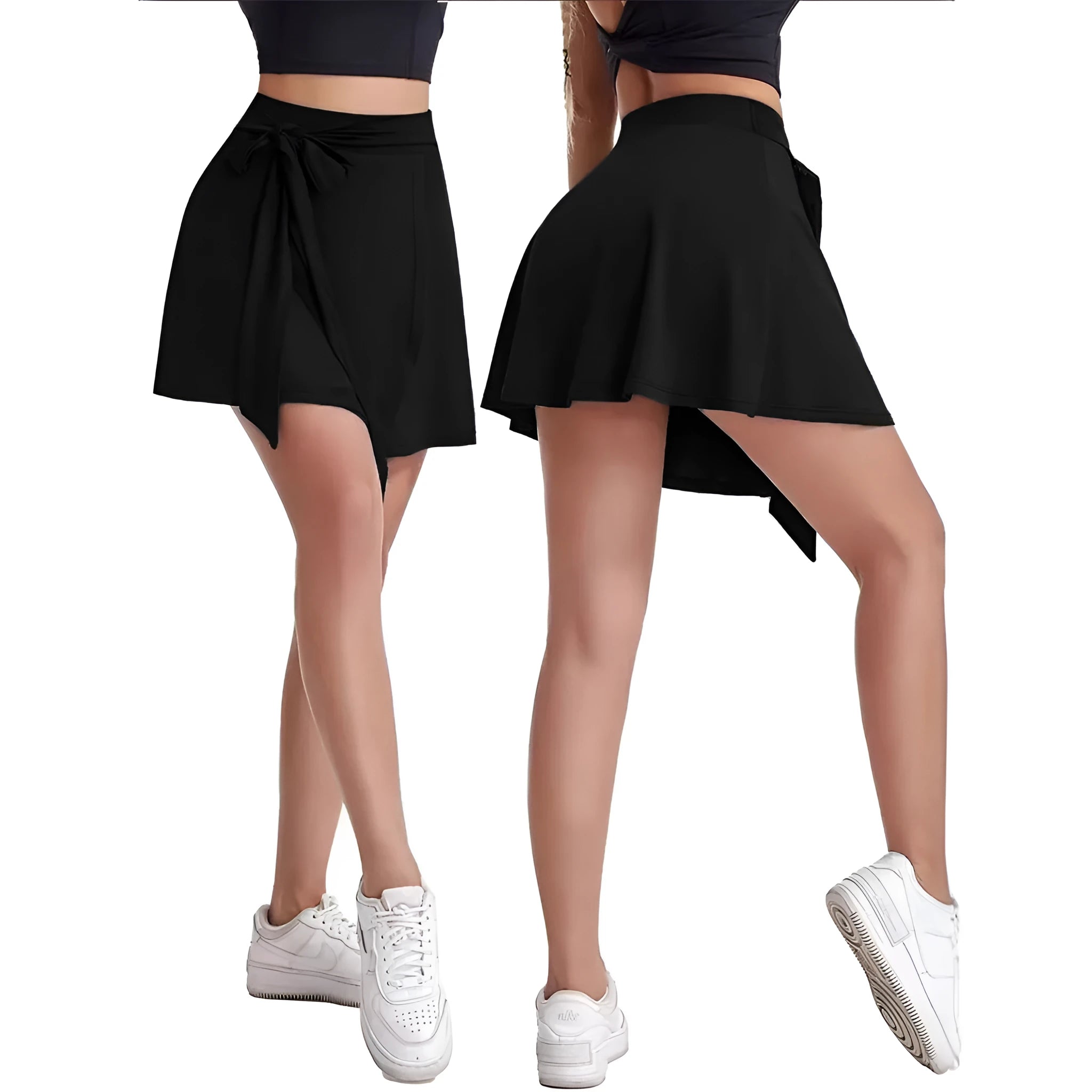 Black thigh-length sports skirt with anti-exposure shorts, high waist design, and shoulder strap detailing