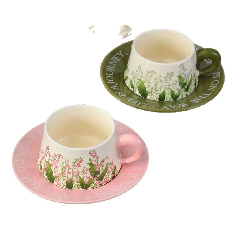 Ceramic coffee cup set with two 300ml cups, saucers, and spoons in couple designs