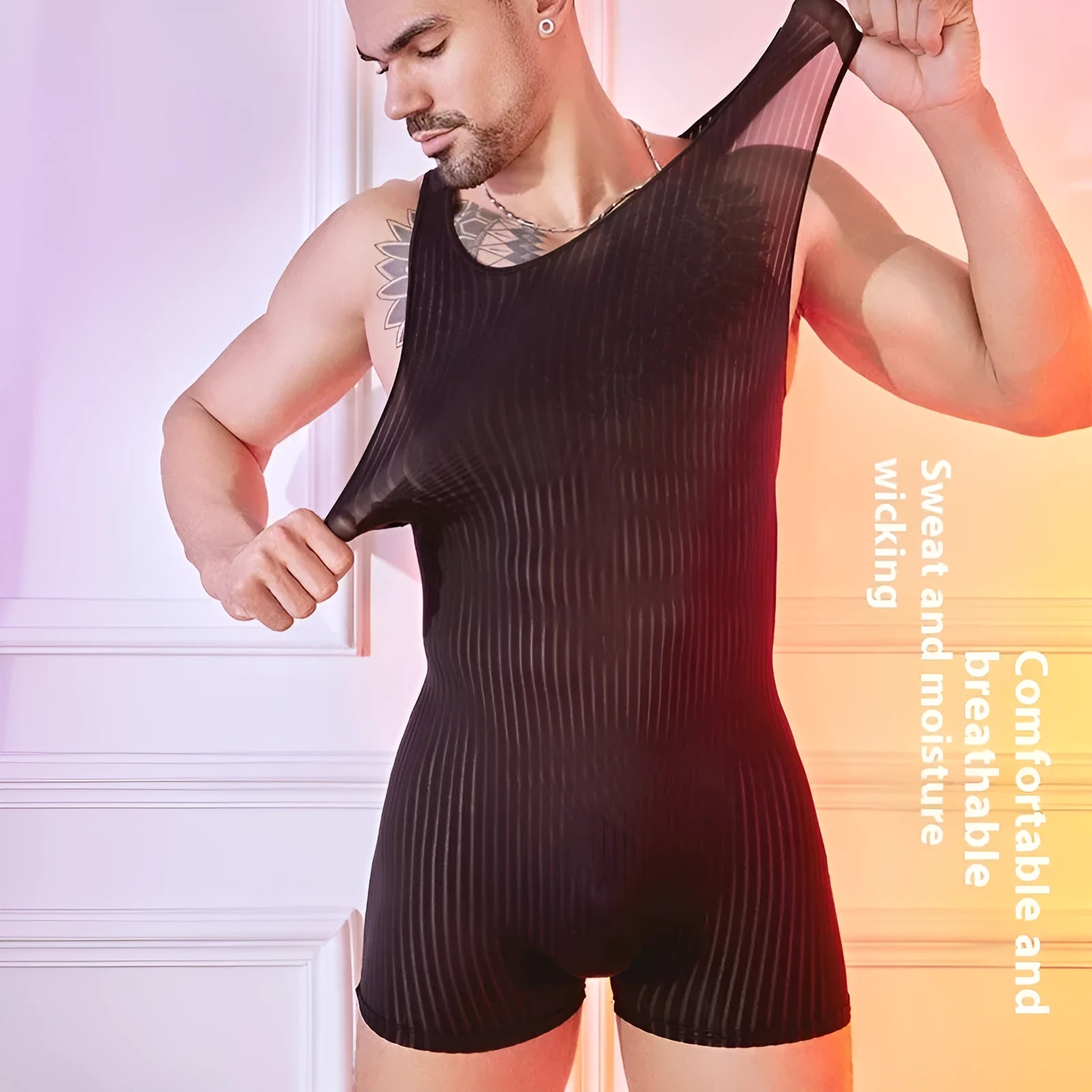 Men's striped jumpsuit in lightweight nylon fabric with vertical bar pattern