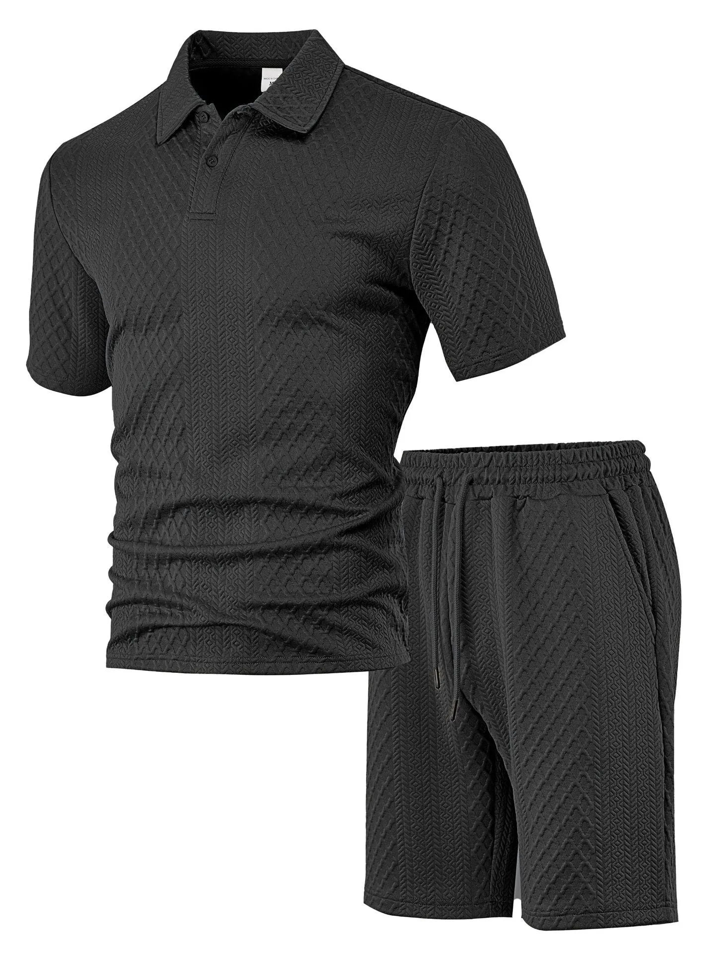 Men's pattern cloth casual short sleeve polo suit set with matching top and trousers in multiple colours