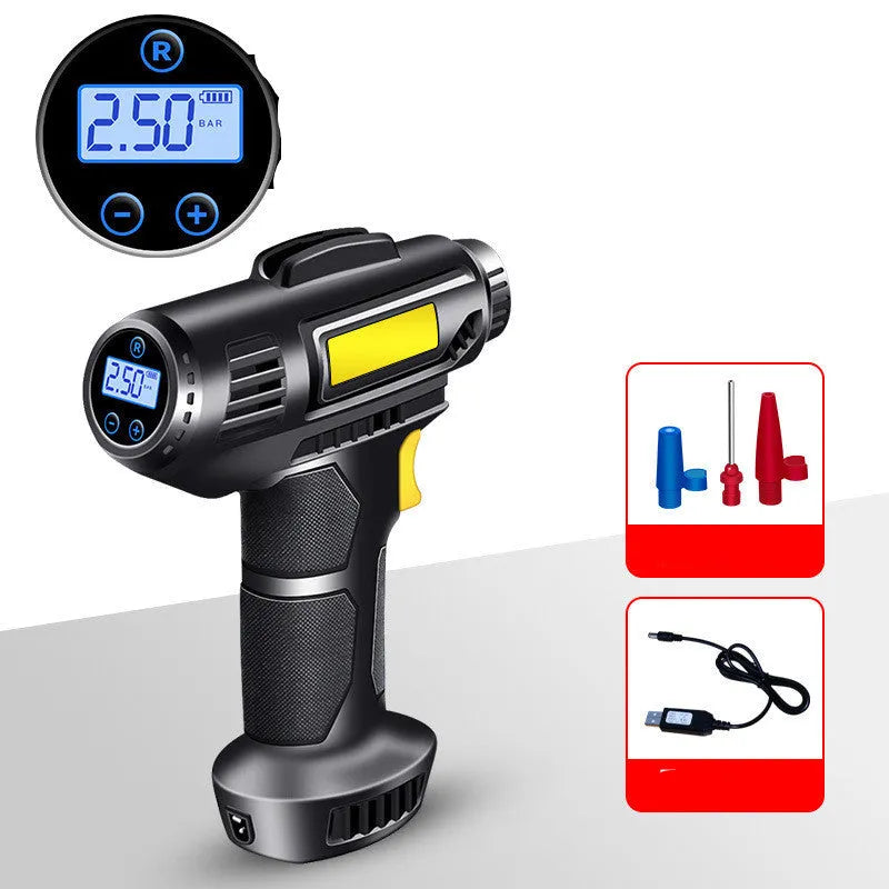 Black wireless electric tire air pump with digital display, showing dimensions and included USB cable and air nozzles.