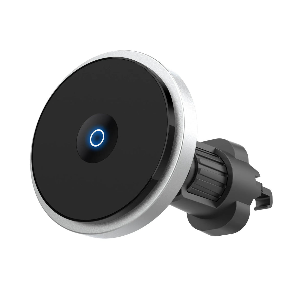 Black 15W magnetic fast charging car wireless charger mounted on a car air vent.