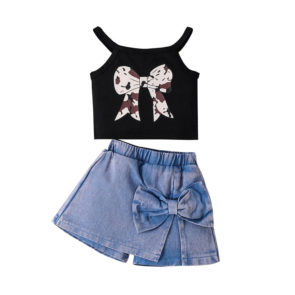 Children's cotton bow print sling top and shorts set in blue, sleeveless summer outfit for girls