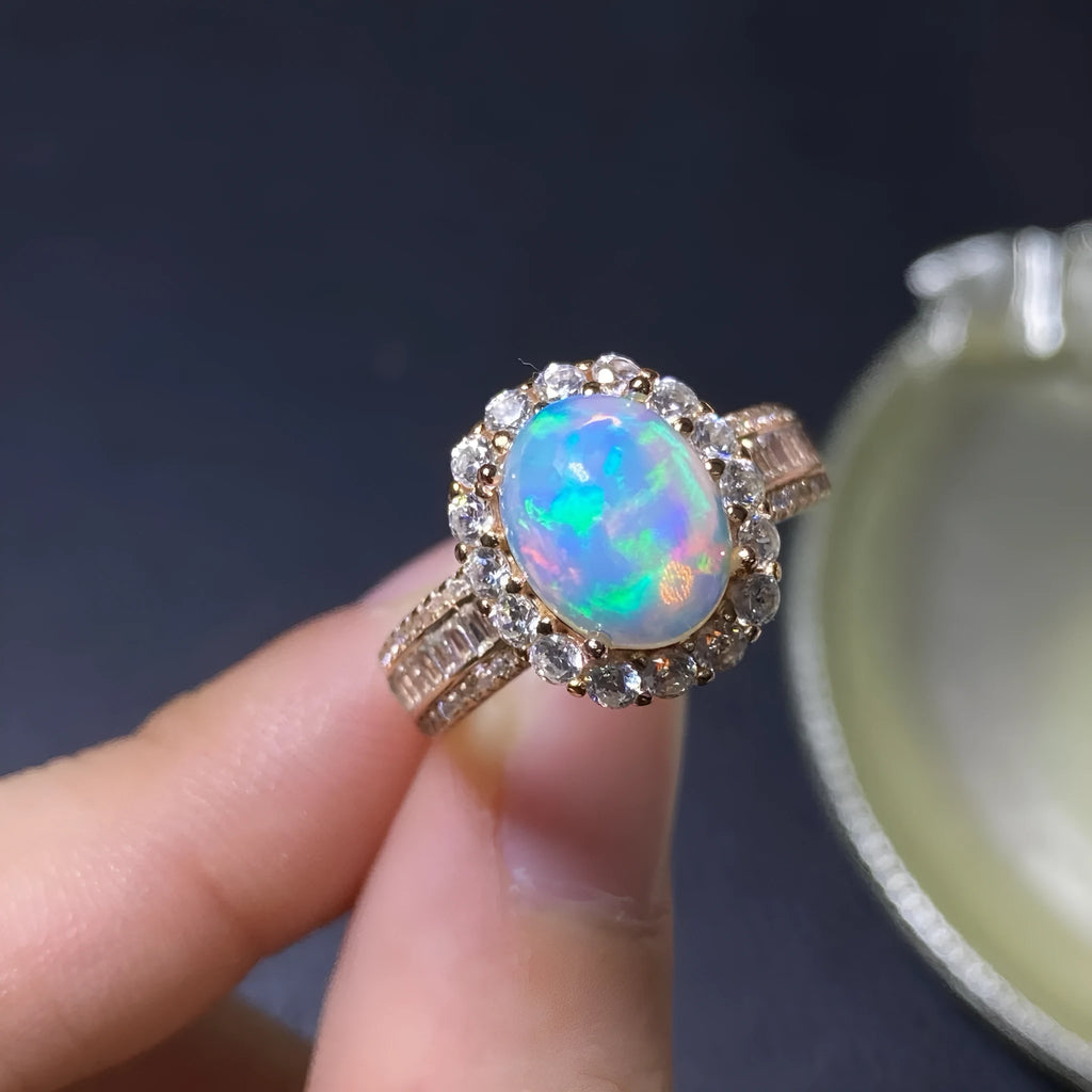 Natural opal opening silver ring in choice of platinum, rose gold or gold colour finishes