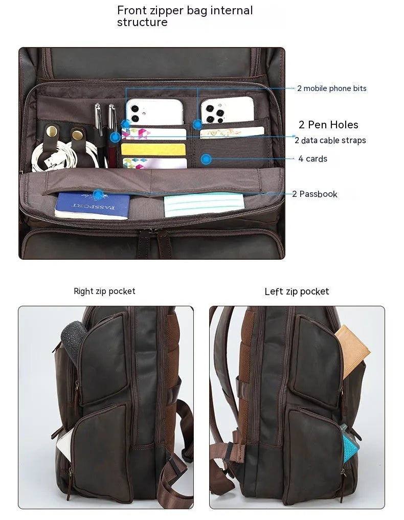 Dark brown leather backpack for men with 17-inch laptop compartment and multiple internal organisers