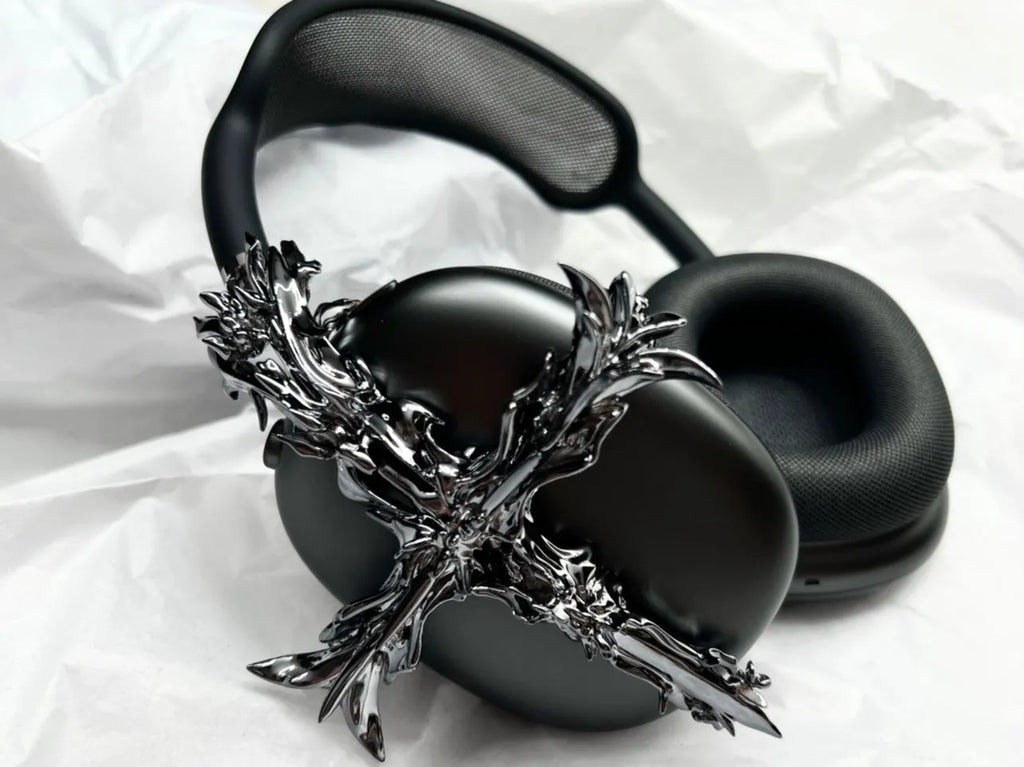 Gothic cross design hard resin covers for Apple AirPods Max headphones in silver and gun metal colours