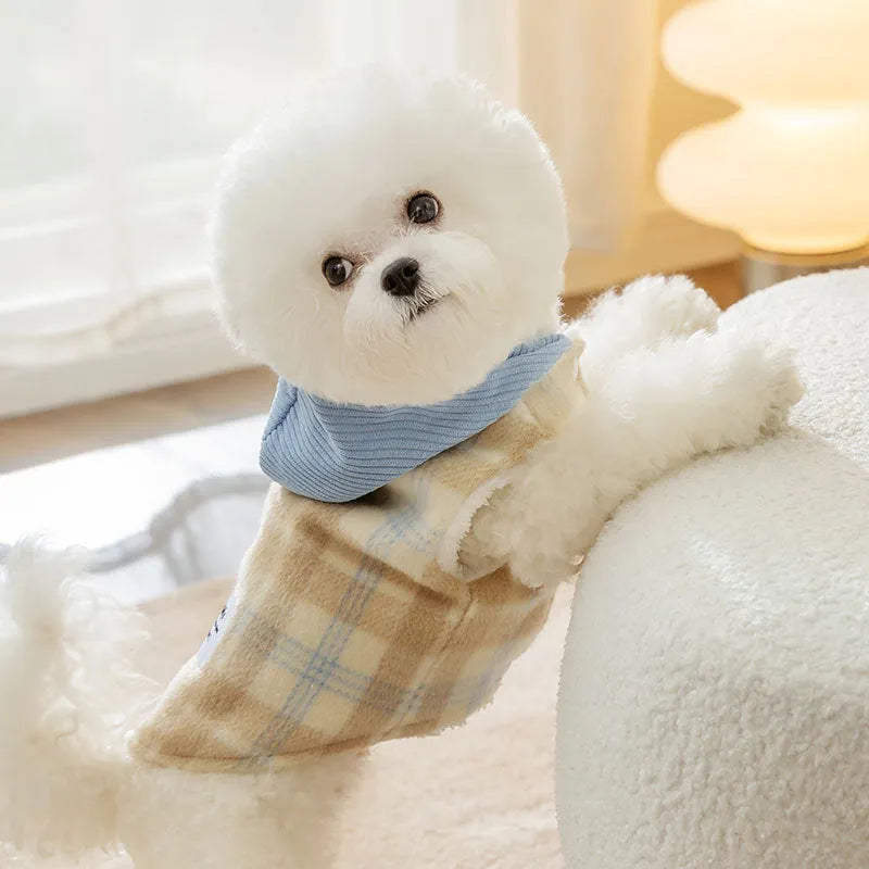 Blue hooded dog vest with chessboard grid pattern in corduroy fabric for autumn winter wear
