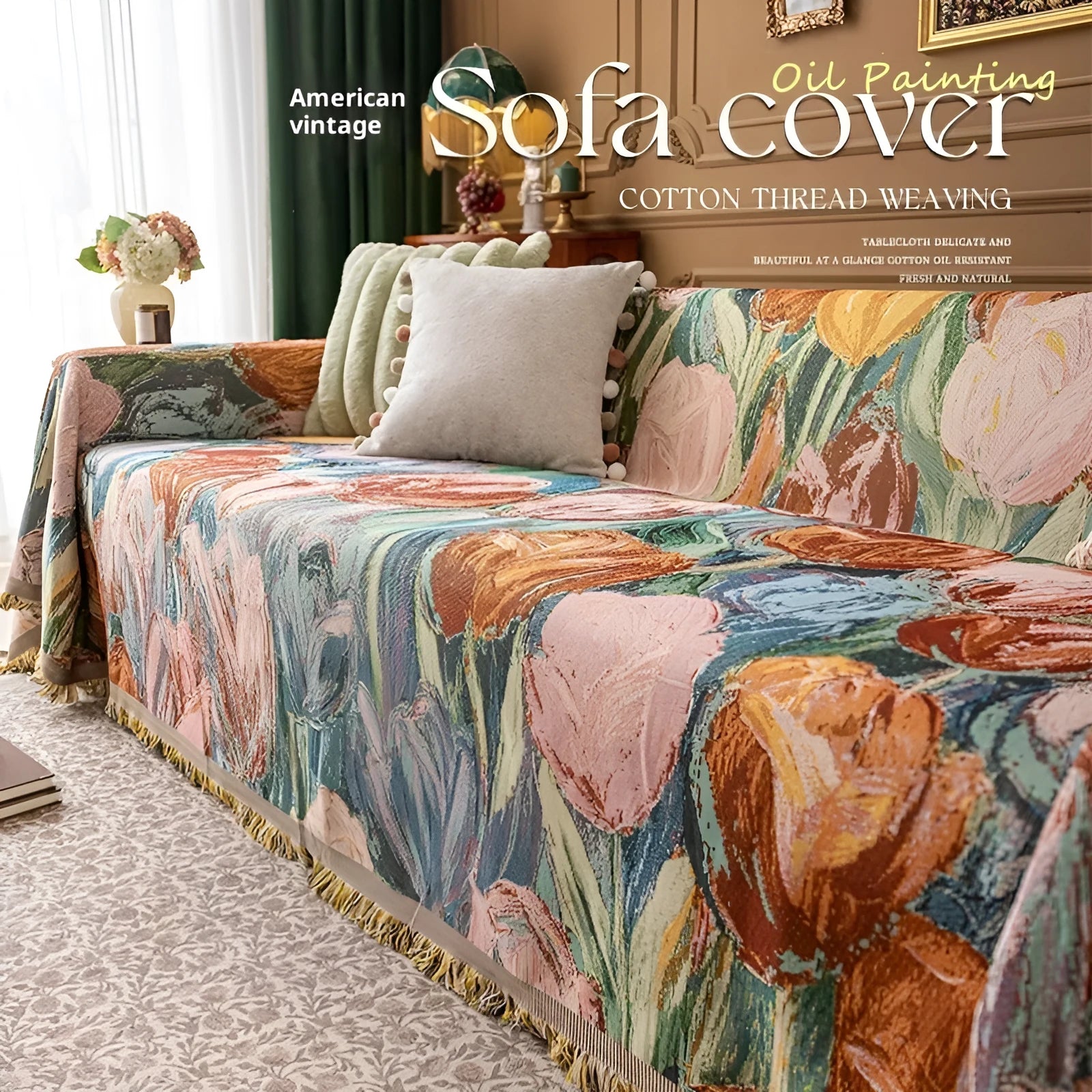 Oil painting cotton braided sofa slipcover with geometric pattern on a beige sofa, vintage colours, full coverage design