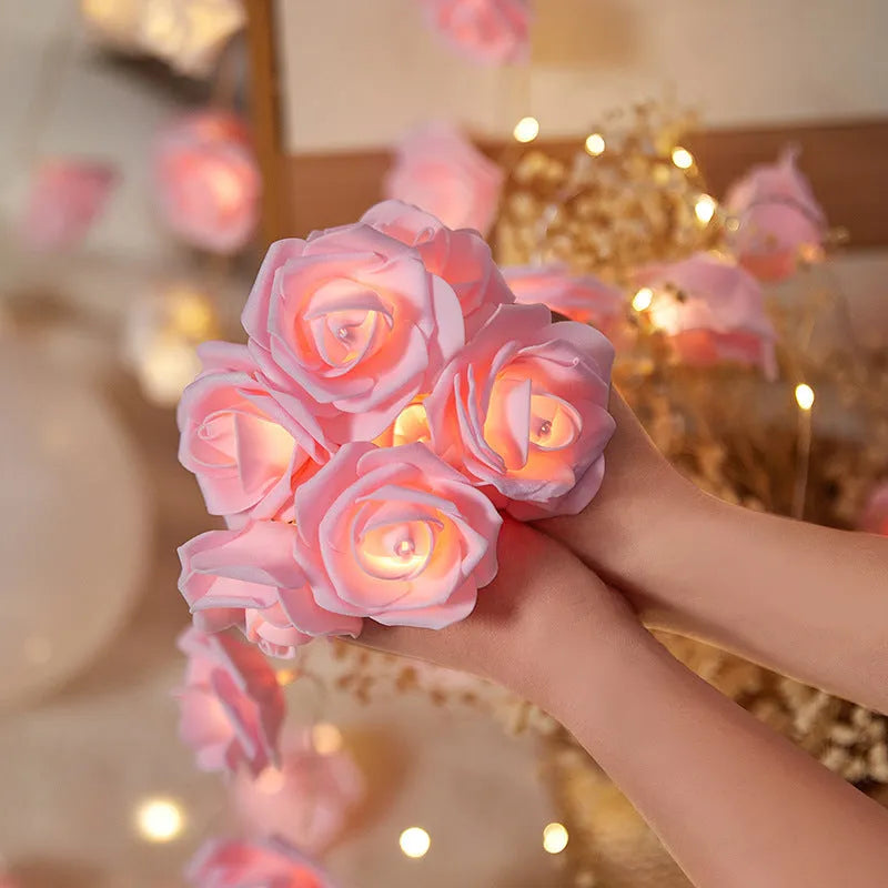 Indoor battery-powered LED rose decorative light string in one of seven colour options