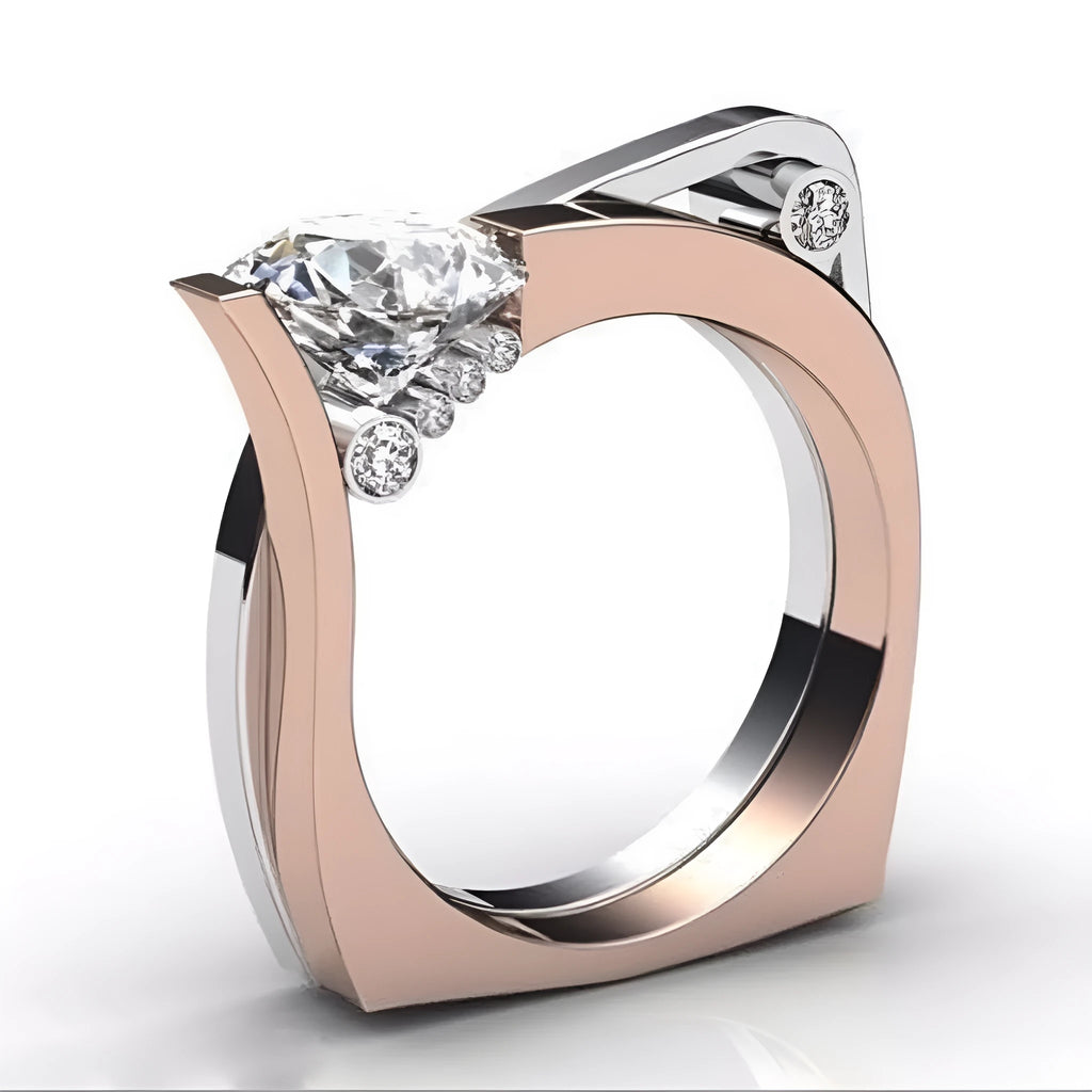 Rose gold couple rings with zircon stone inlays and geometry design on finger