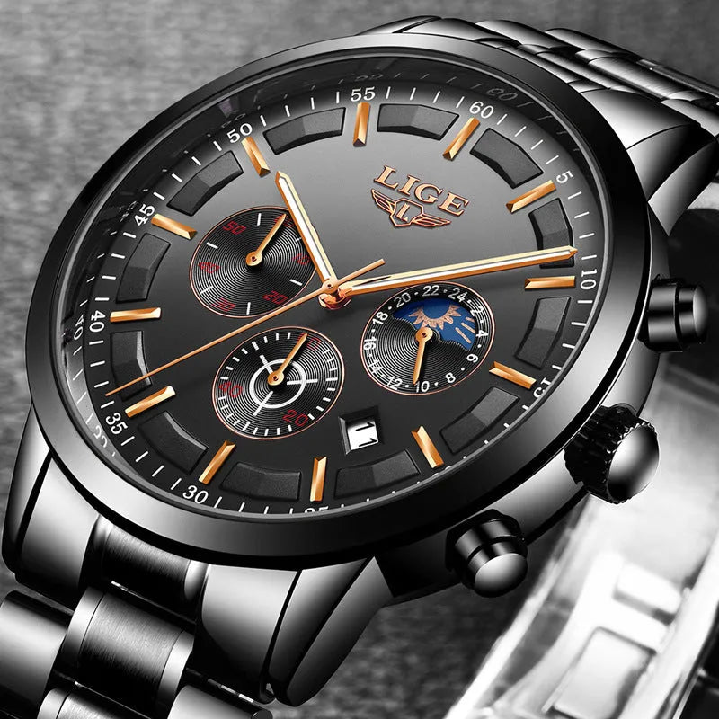 Men's waterproof quartz sports watch showing four colour options with 12mm case thickness