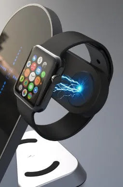Black multifunctional alarm clock with wireless charging pad, Apple Watch dock, and USB-A port on bedside table.