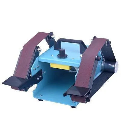 Blue desktop dual-axis belt sander with a 40x680mm abrasive belt, variable speed control, and compact design.