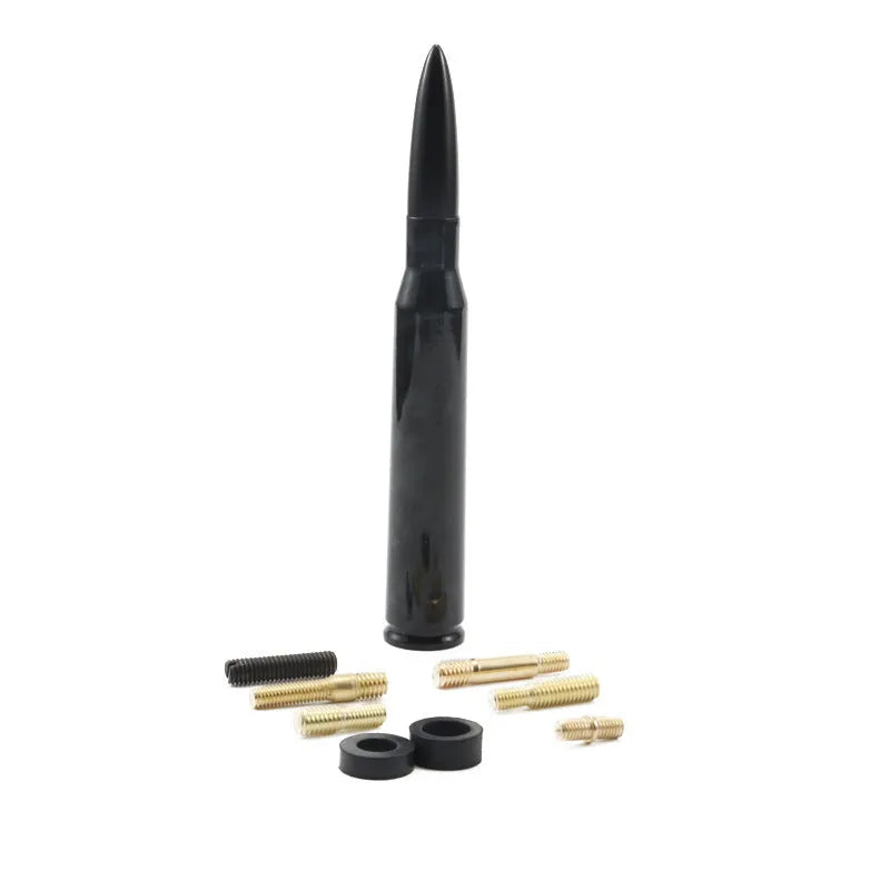 Bullet-style car antenna in camouflage green, black, or American flag design, showing 14cm length.
