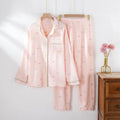 Women's cotton crepe pajama set in pink with long sleeves and full-length trousers