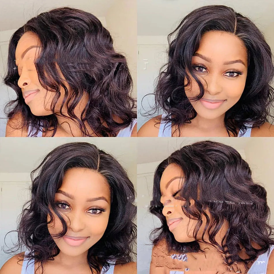 Half-length black front lace short curly hair wig on a mannequin head, 16 inches with long bangs