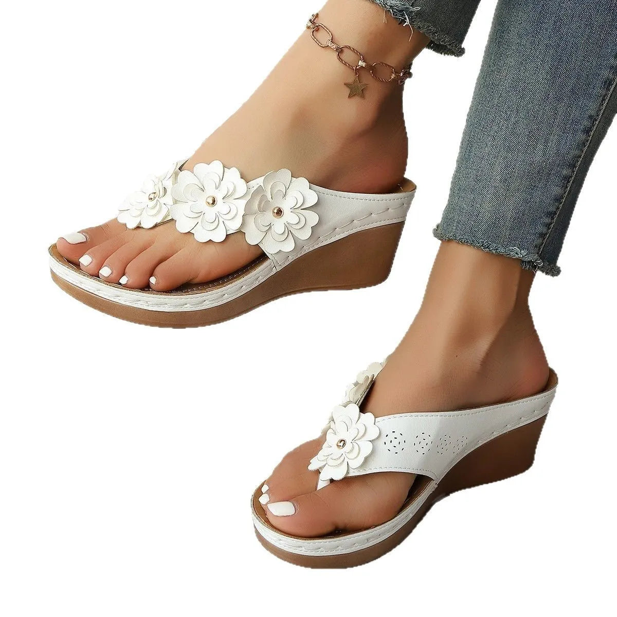 Flower stitching wedge sandals for women, round toe, silver colour, PU upper, casual slip-on design